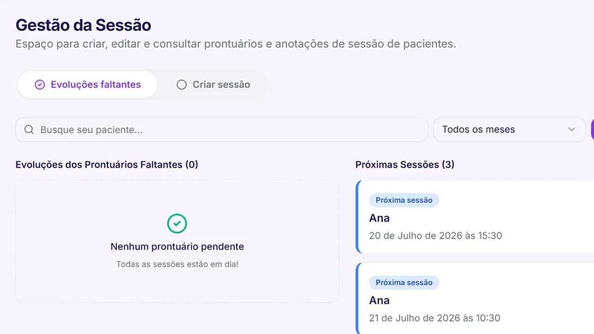 Tela de gestão de sessões
